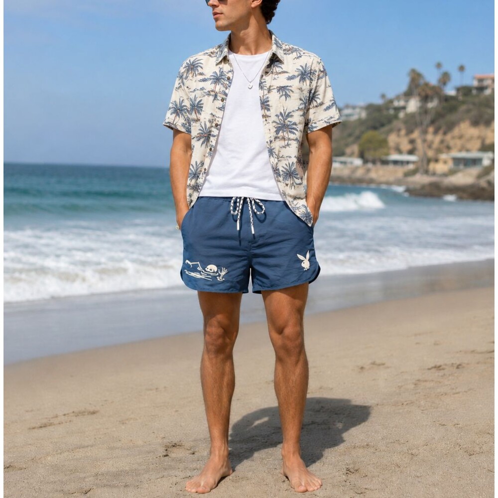 Playboy By PacSun Swim Trunks Blue Skeleton Bunny Embroidered Small